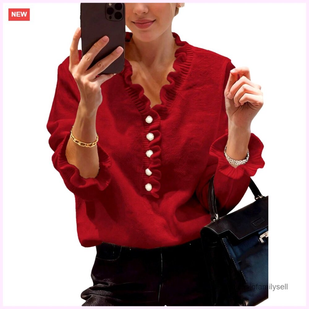Long Sleeve V-Neck Ruffle Sweater Lightweight Knit Pullover Chic Casual